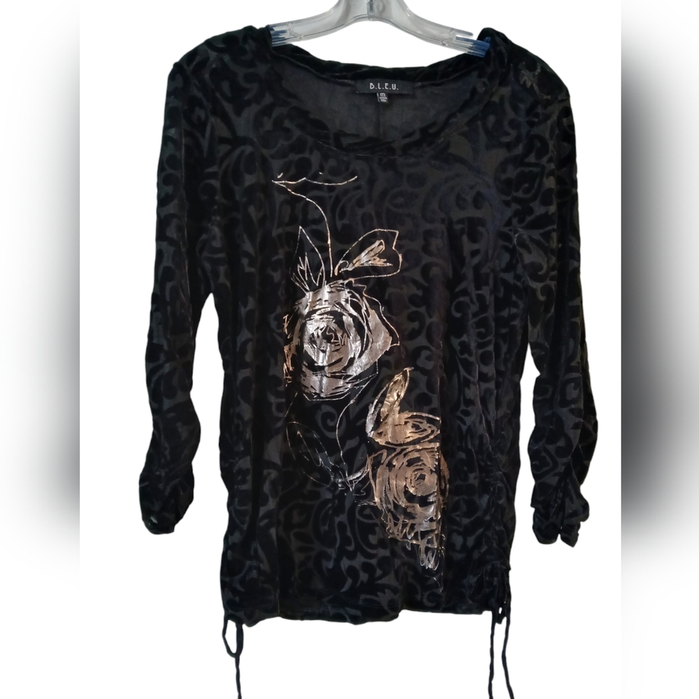 B.L.E.U.  Velvet Burnout Metallic Print Ruched  Sides and Sleeves Top
